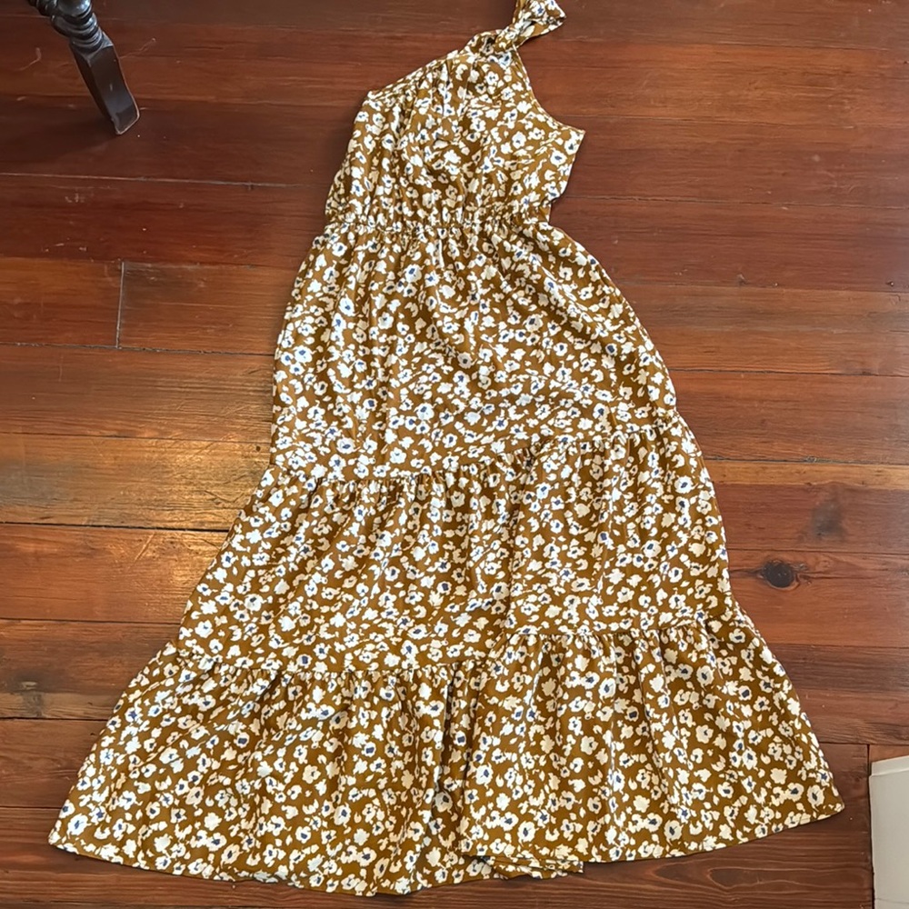 Mustard Floral One-Shoulder Dress